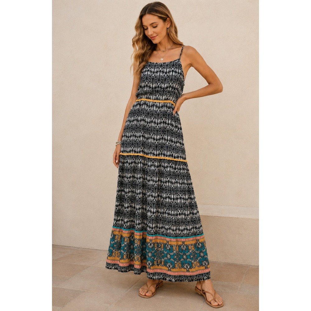 THML Boho Maxi Dress XS Black White Paisley Floral Border Print Sleeveless